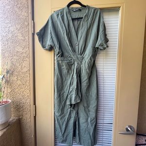 NWOT Zara Linen/Viscose Green Safari Faux Wrap Dress, Size L